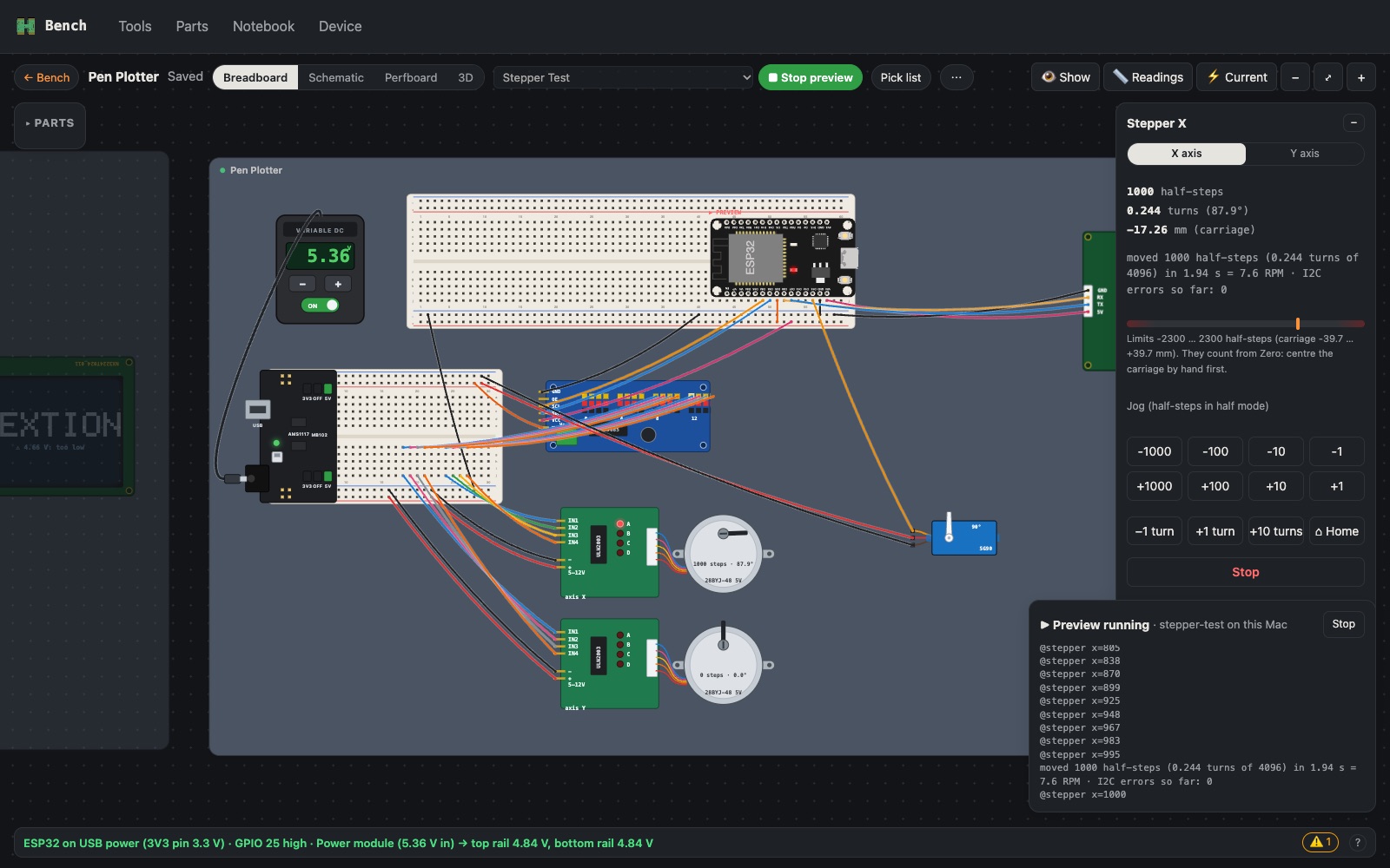 A stepper sketch running in Bench preview