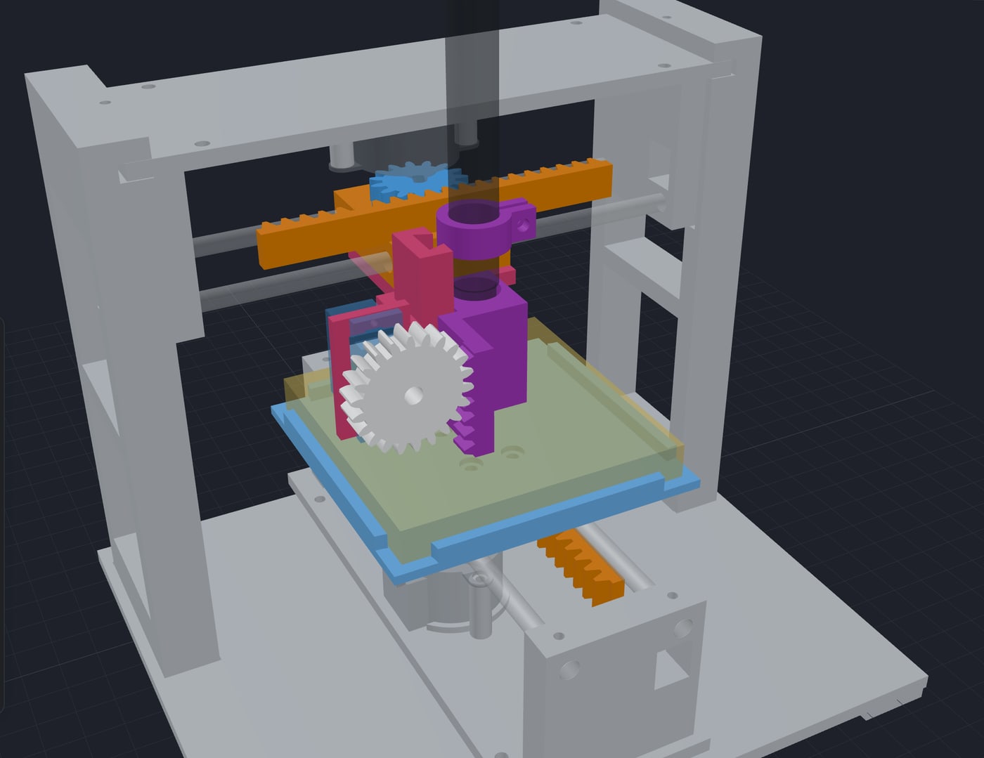 Pen Plotter A in Bench's 3D view: a printed frame with an orange rack, purple pen holder and a gear above a pad of paper